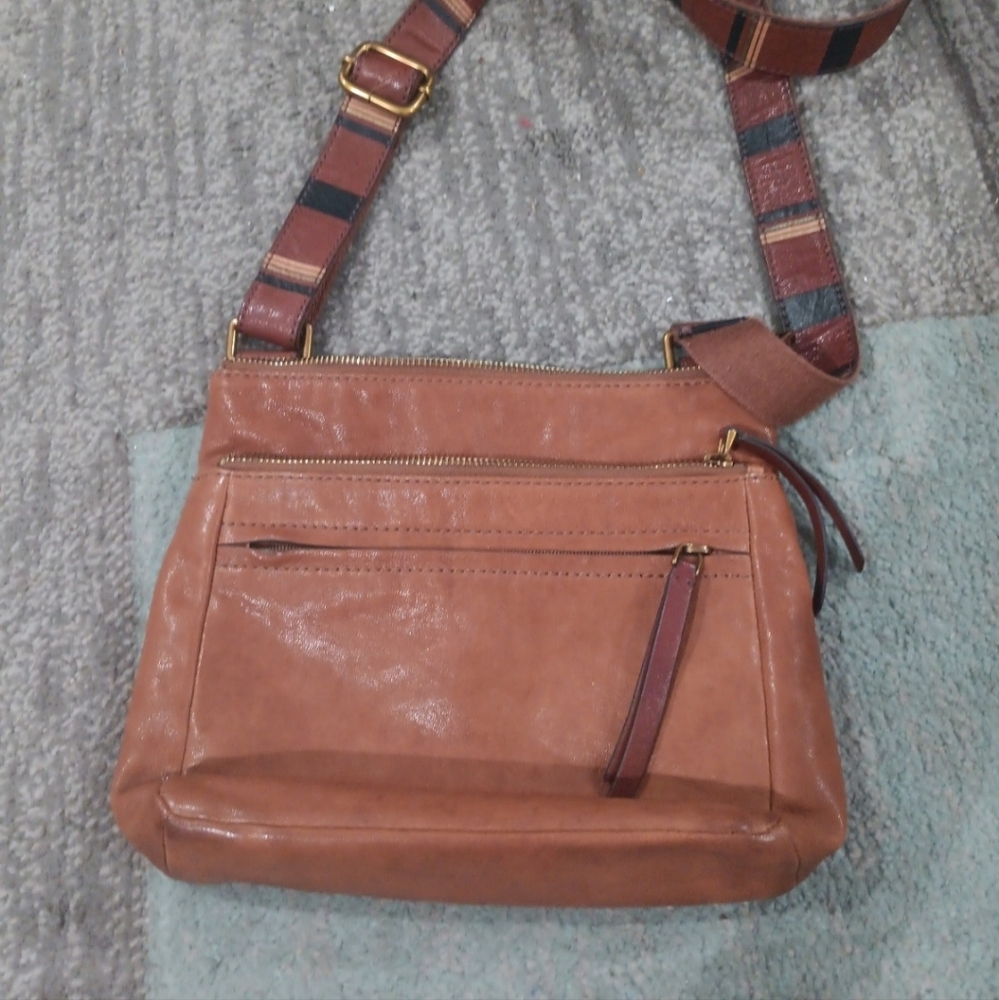Fossil Tan Crossbody Bag with Striped Strap